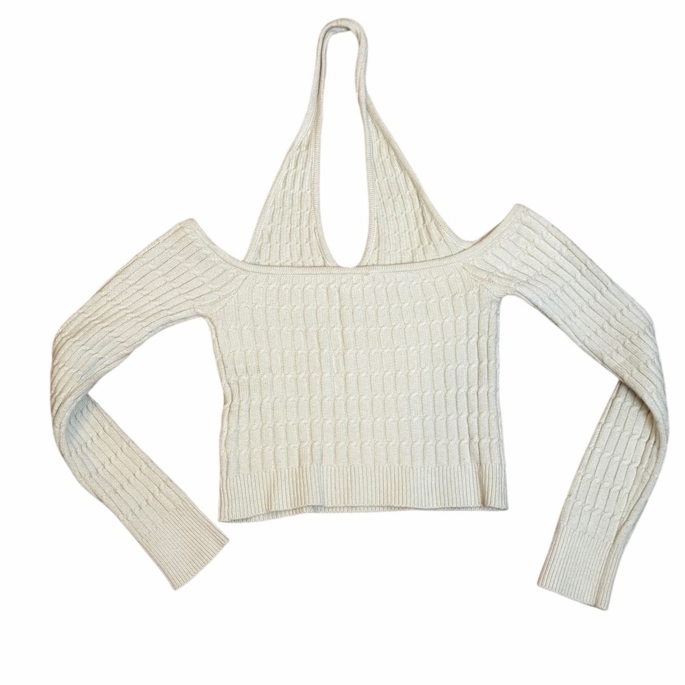 Abercrombie & Fitch Cable Knit Halter Sweater Cream Cold Shoulder Small - Picture 6 of 11
